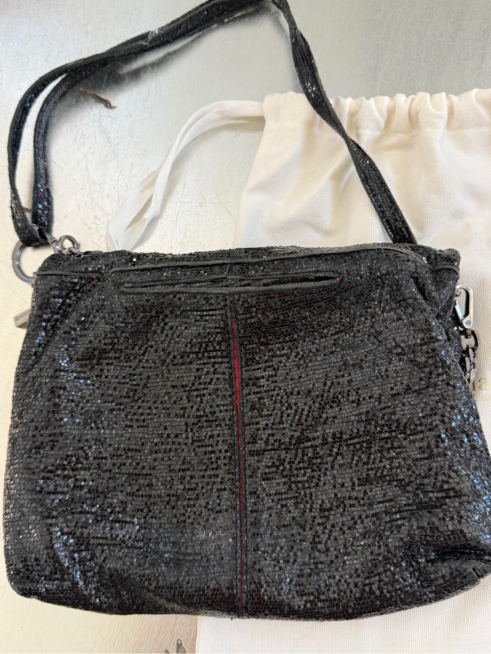 Hammitt Black Sequin Chain Crossbody Bag w/ Gunmetal Hardware Red Suede interior - Picture 8 of 8